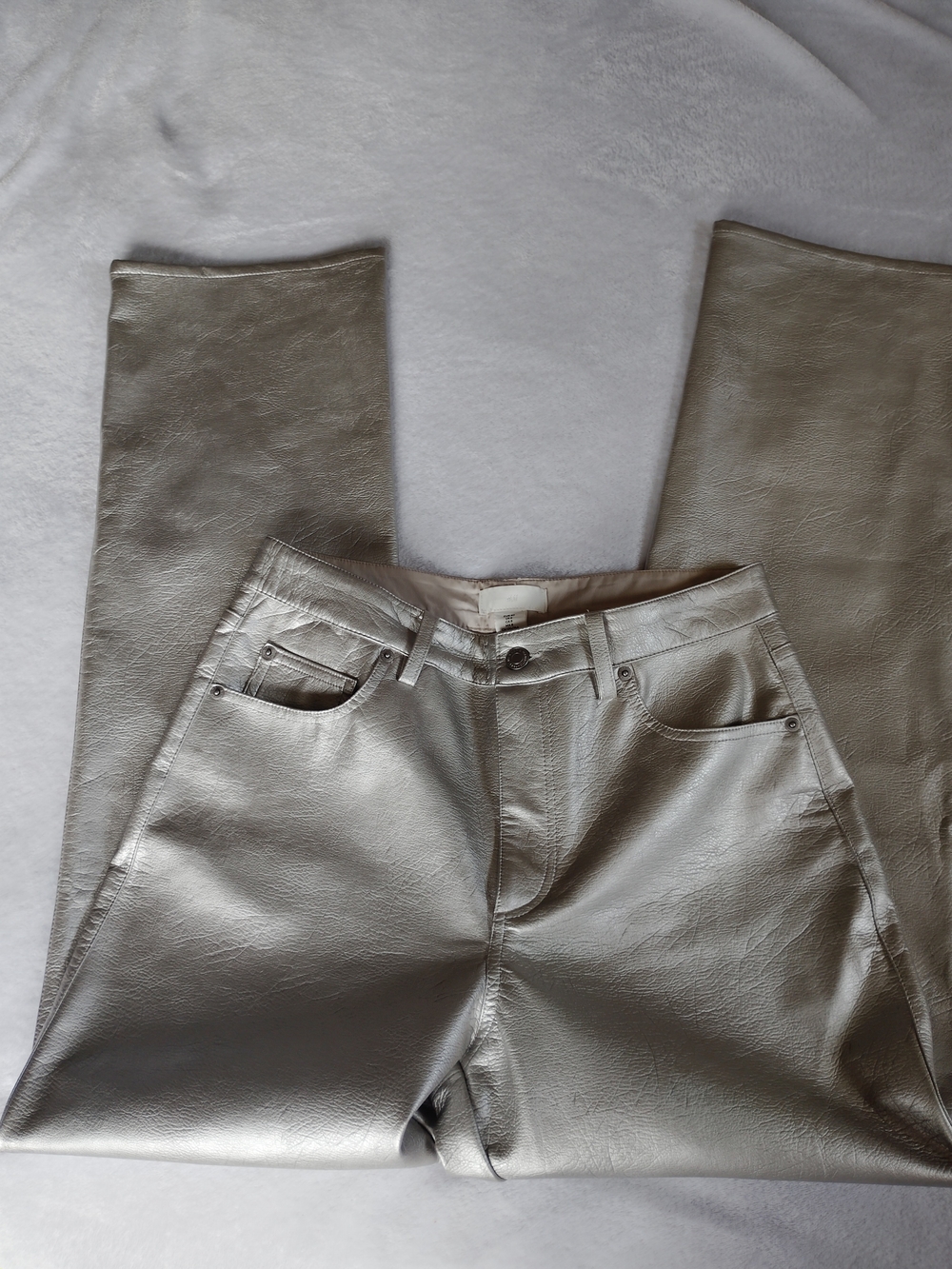 H&M Women's Silver-coloured 90's Straight Coated Trousers,Vegan Faux Leather,Y2k